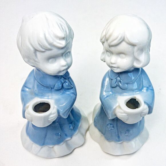 Pair Blue Angel Children Porcelain Candle Holders - Picture 3 of 6